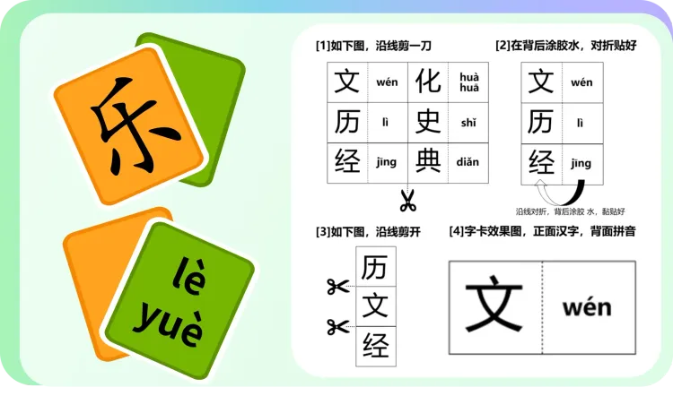 Flashcard game interface showing '乐' card with pinyin, radical info