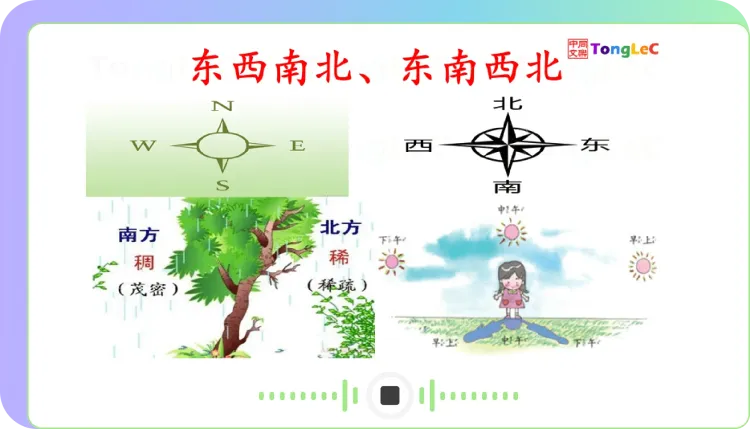 Review interface showing geography flashcard 'East, West, South, North'